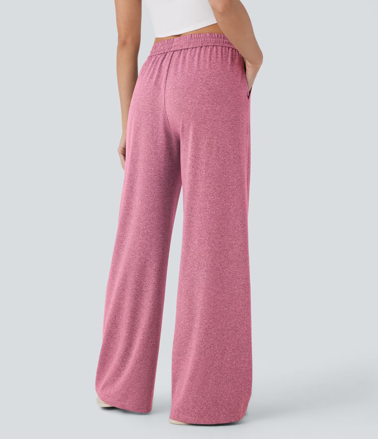 High Waisted Drawstring Pocket Wide Leg Casual Pants