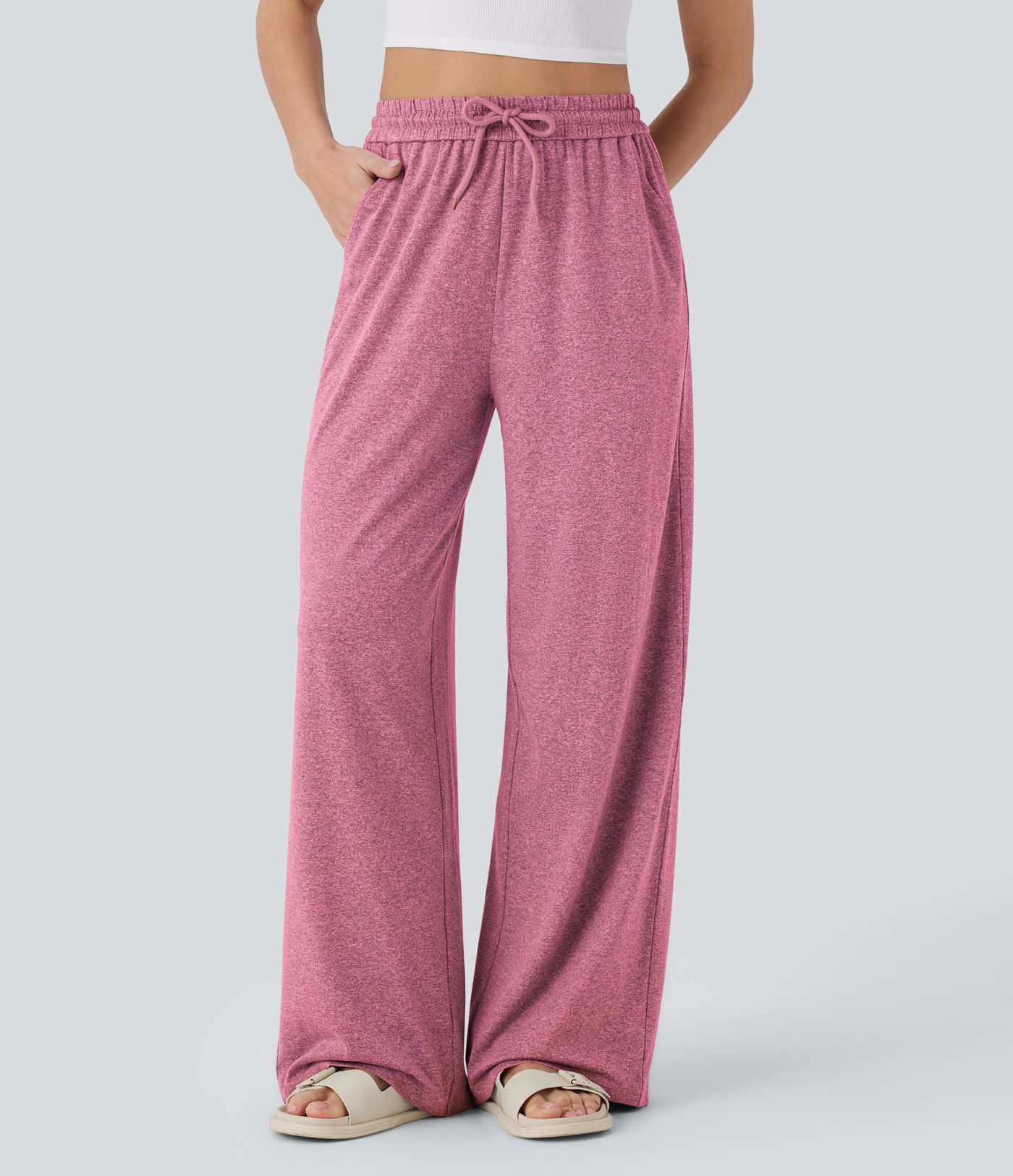 High Waisted Drawstring Pocket Wide Leg Casual Pants