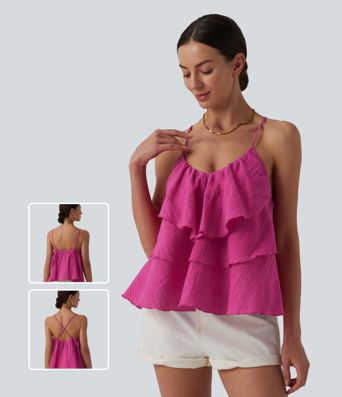 Débardeur en coton à lacets avec ourlet superposé à volants