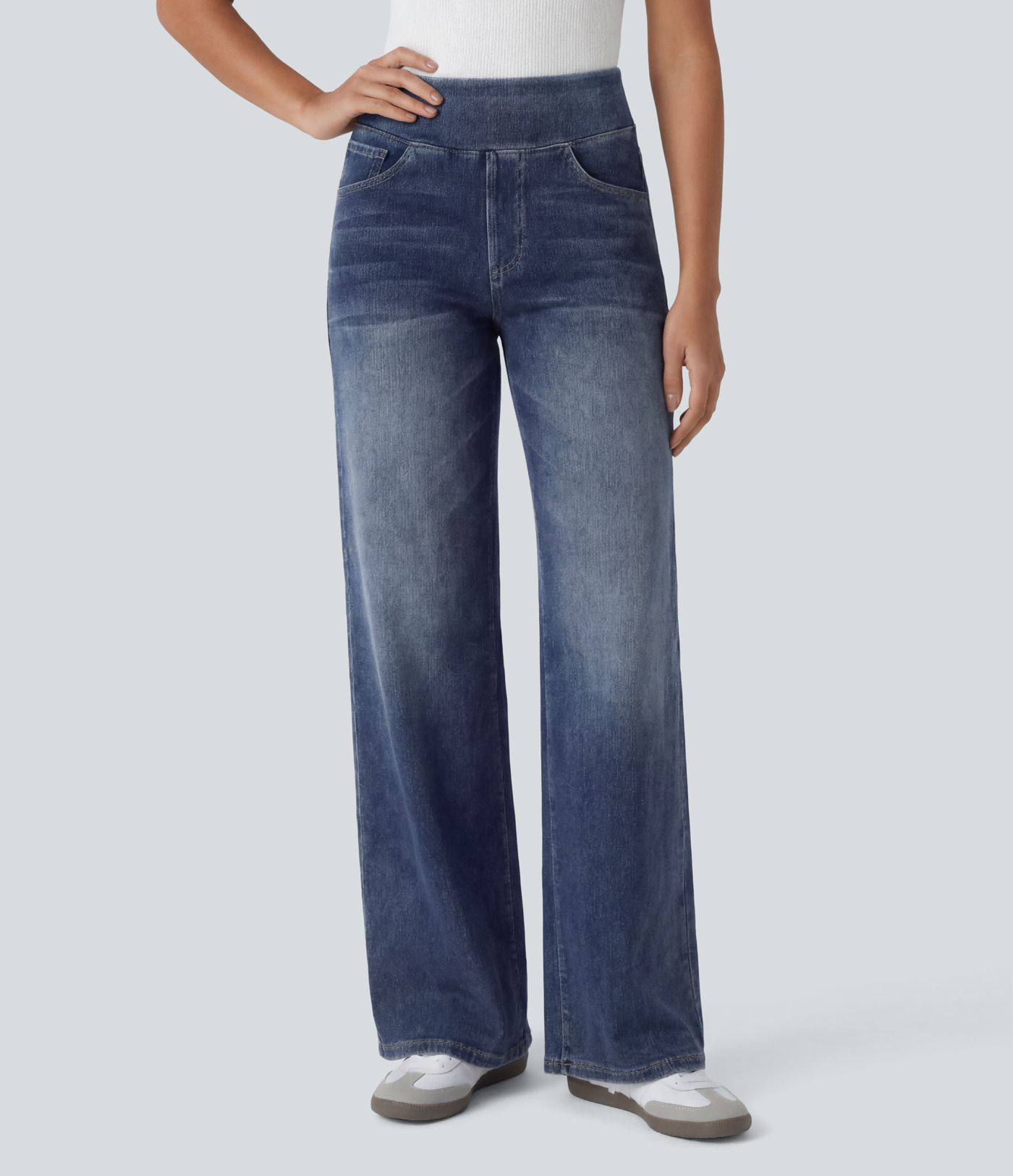 Halara Flex™ High Waisted Pockets Baggy Wide Leg Washed Casual Jeans