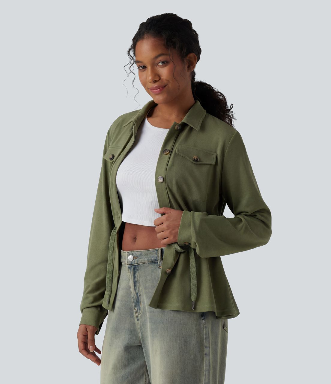 Lässige Jacke mit langen Ärmeln, Kordelzug und Waffelstruktur