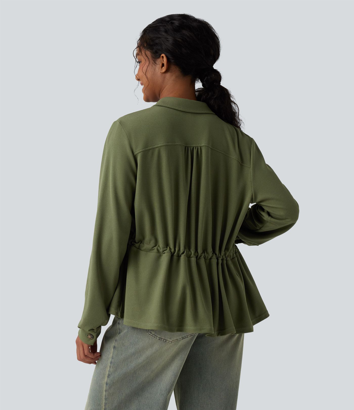 Lässige Jacke mit langen Ärmeln, Kordelzug und Waffelstruktur