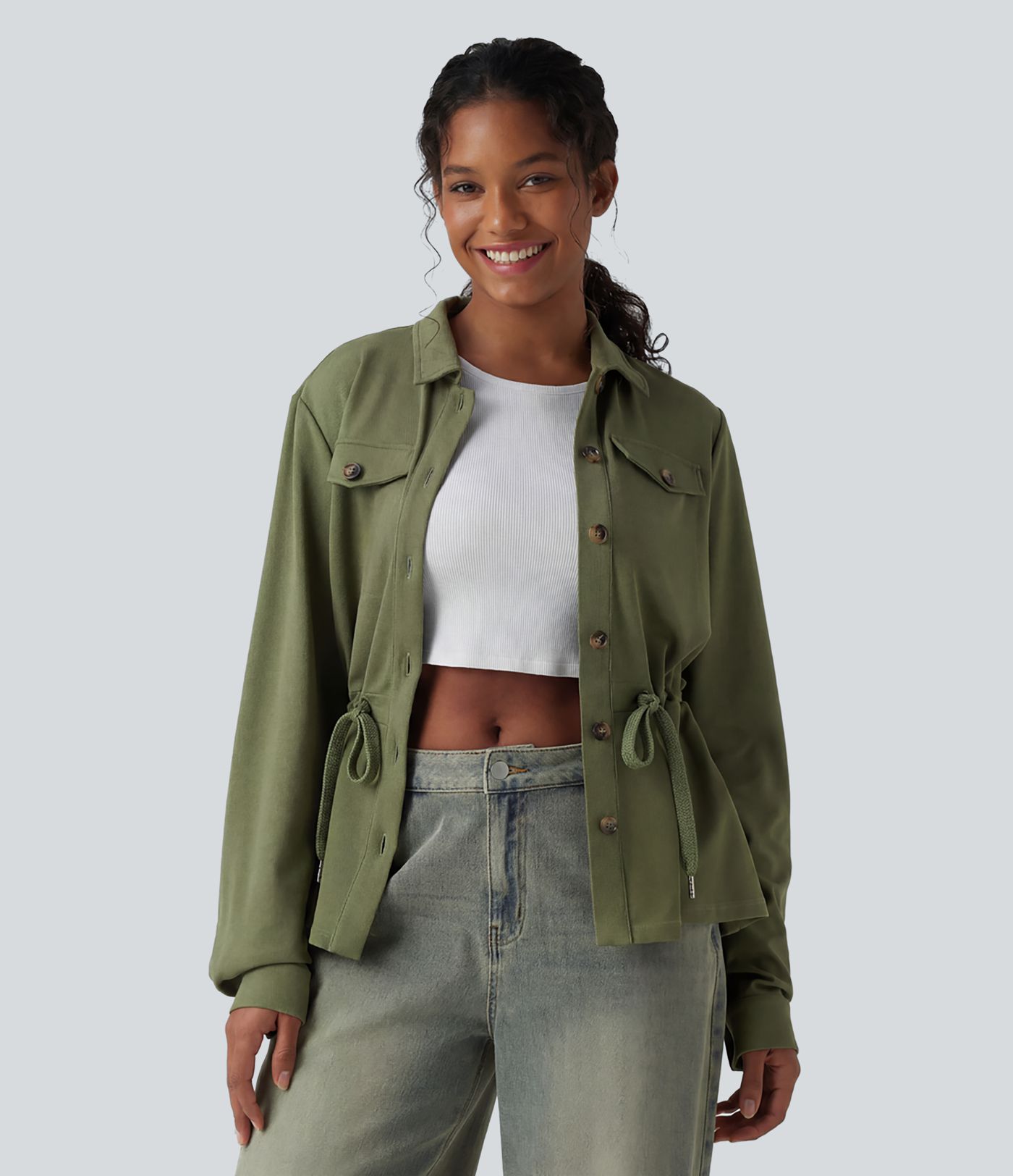 Lässige Jacke mit langen Ärmeln, Kordelzug und Waffelstruktur