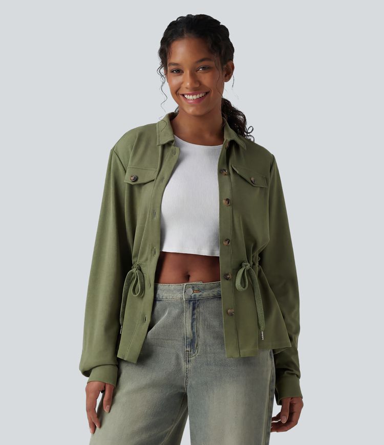 Lässige Jacke mit langen Ärmeln, Kordelzug und Waffelstruktur