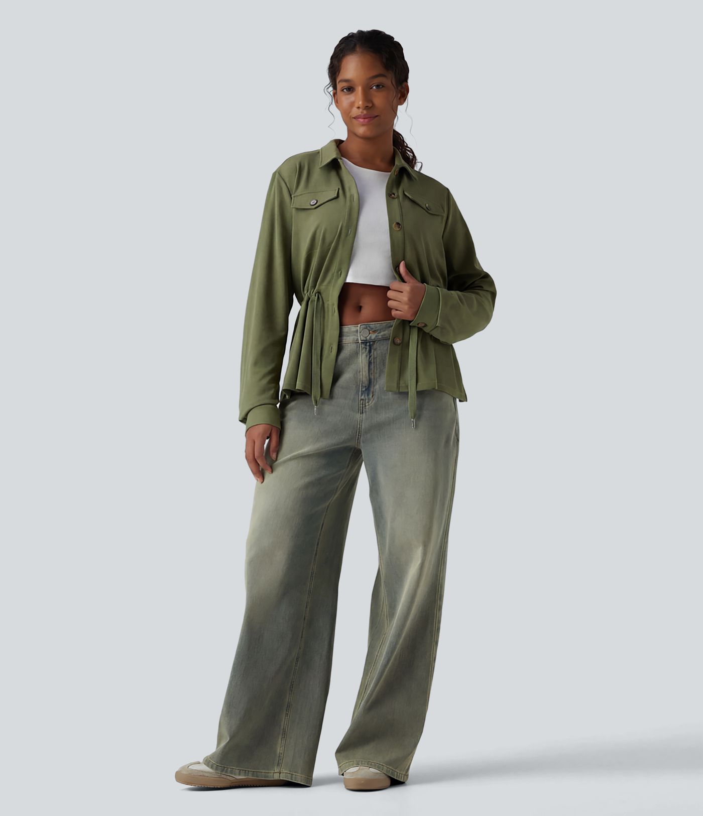 Lässige Jacke mit langen Ärmeln, Kordelzug und Waffelstruktur