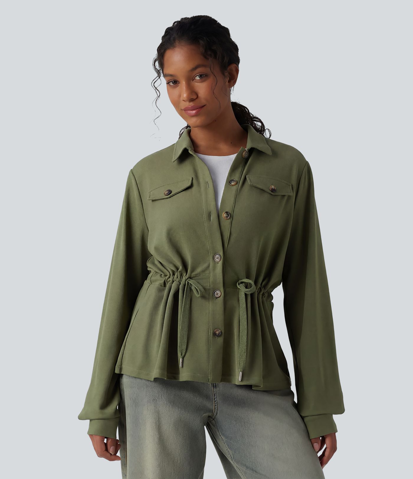 Lässige Jacke mit langen Ärmeln, Kordelzug und Waffelstruktur