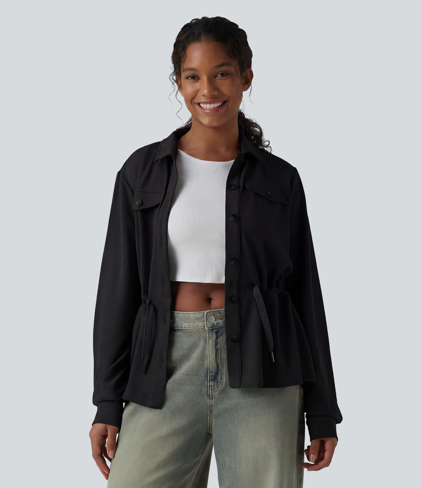 Veste décontractée gaufré manches longues avec cordon de serrage