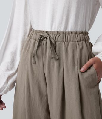High Waisted Drawstring Straight Leg Work Pants with Pockets