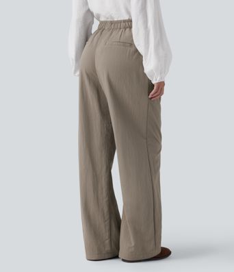 High Waisted Drawstring Straight Leg Work Pants with Pockets