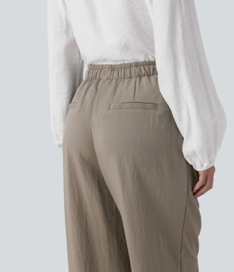 High Waisted Drawstring Straight Leg Work Pants with Pockets
