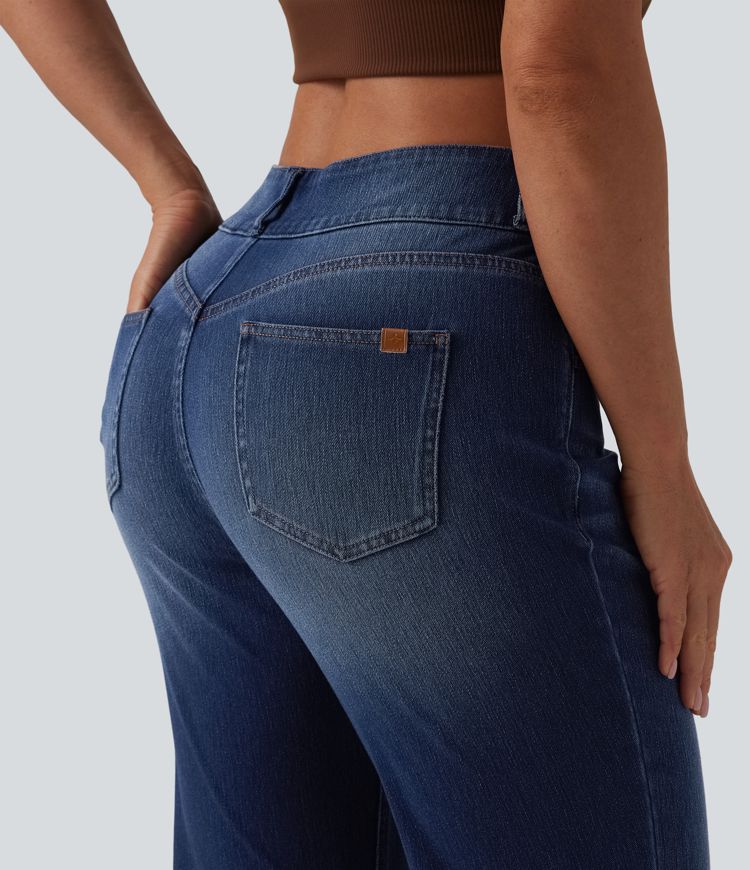 Halara Flex™ Asymmetric Mid Rise Casual Flare Jeans with Pockets