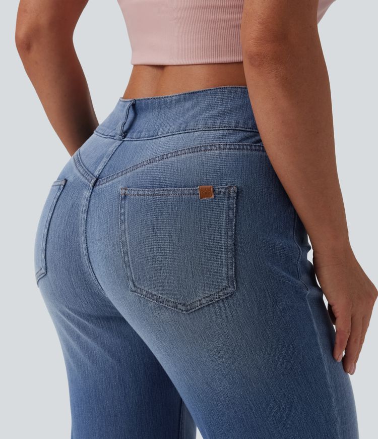 Halara Flex™ Jeans évasés décontractés asymétriques, taille mi-haute, avec poches
