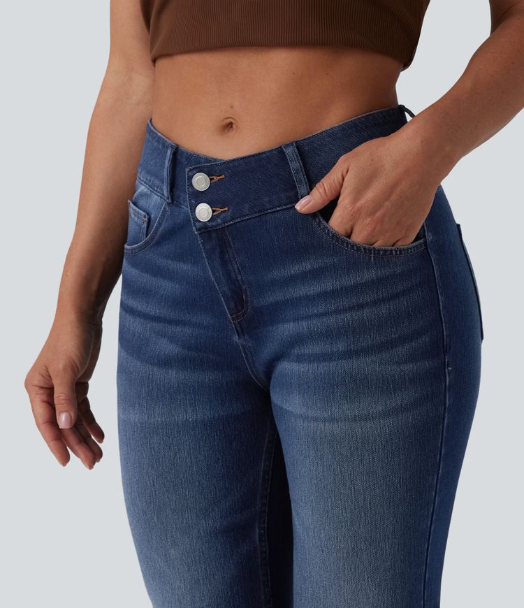 Halara Flex™ Asymmetric Mid Rise Casual Flare Jeans with Pockets