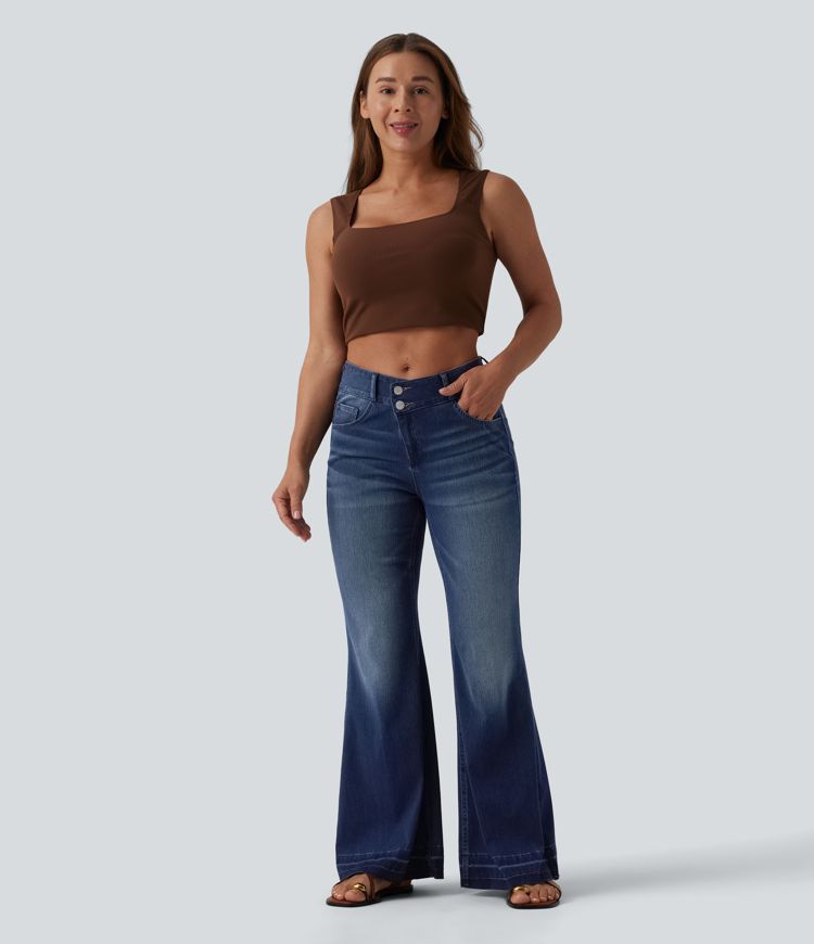 Halara Flex™ Asymmetric Mid Rise Casual Flare Jeans with Pockets