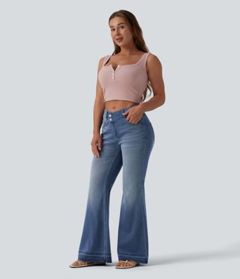 Halara Flex™ Jeans évasés décontractés asymétriques, taille mi-haute, avec poches