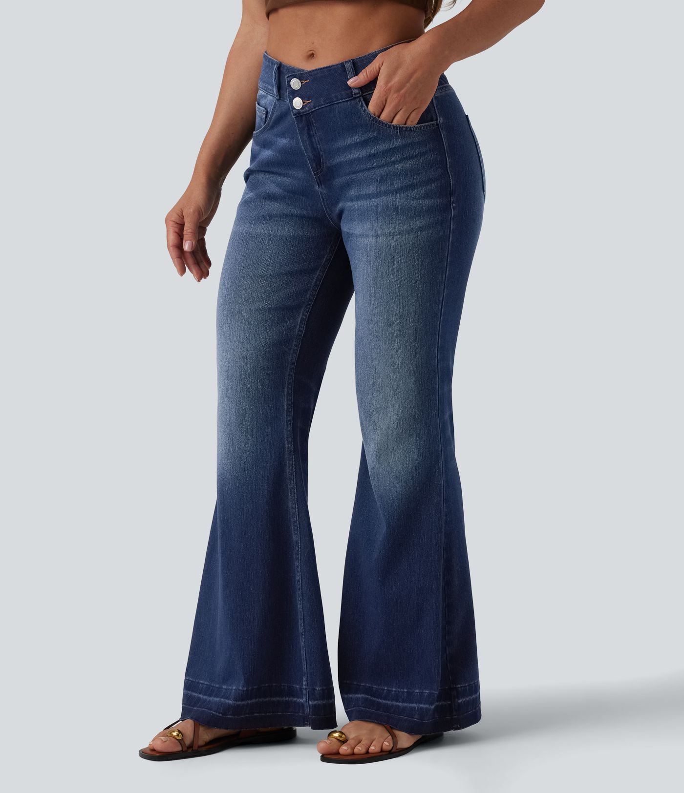Halara Flex™ Asymmetric Mid Rise Casual Flare Jeans with Pockets