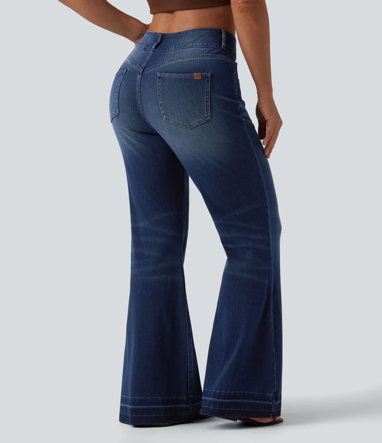 Halara Flex™ Asymmetric Mid Rise Casual Flare Jeans with Pockets