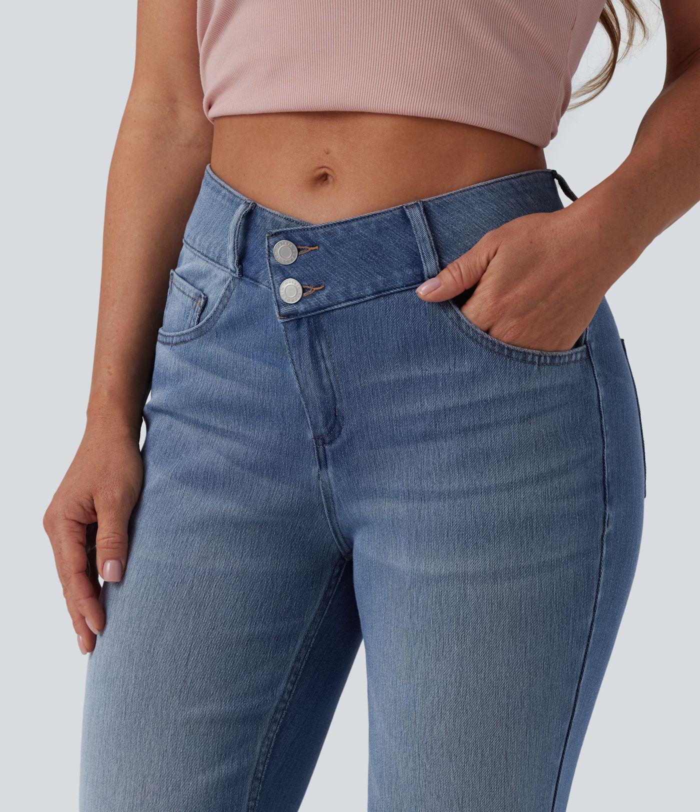 Halara Flex™ Jeans évasés décontractés asymétriques, taille mi-haute, avec poches