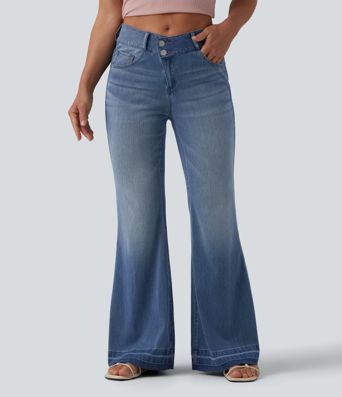 Halara Flex™ Jeans évasés décontractés asymétriques, taille mi-haute, avec poches