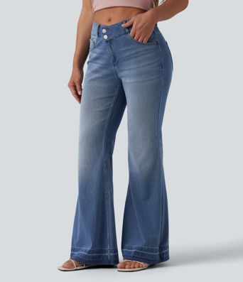 Halara Flex™ Jeans évasés décontractés asymétriques, taille mi-haute, avec poches
