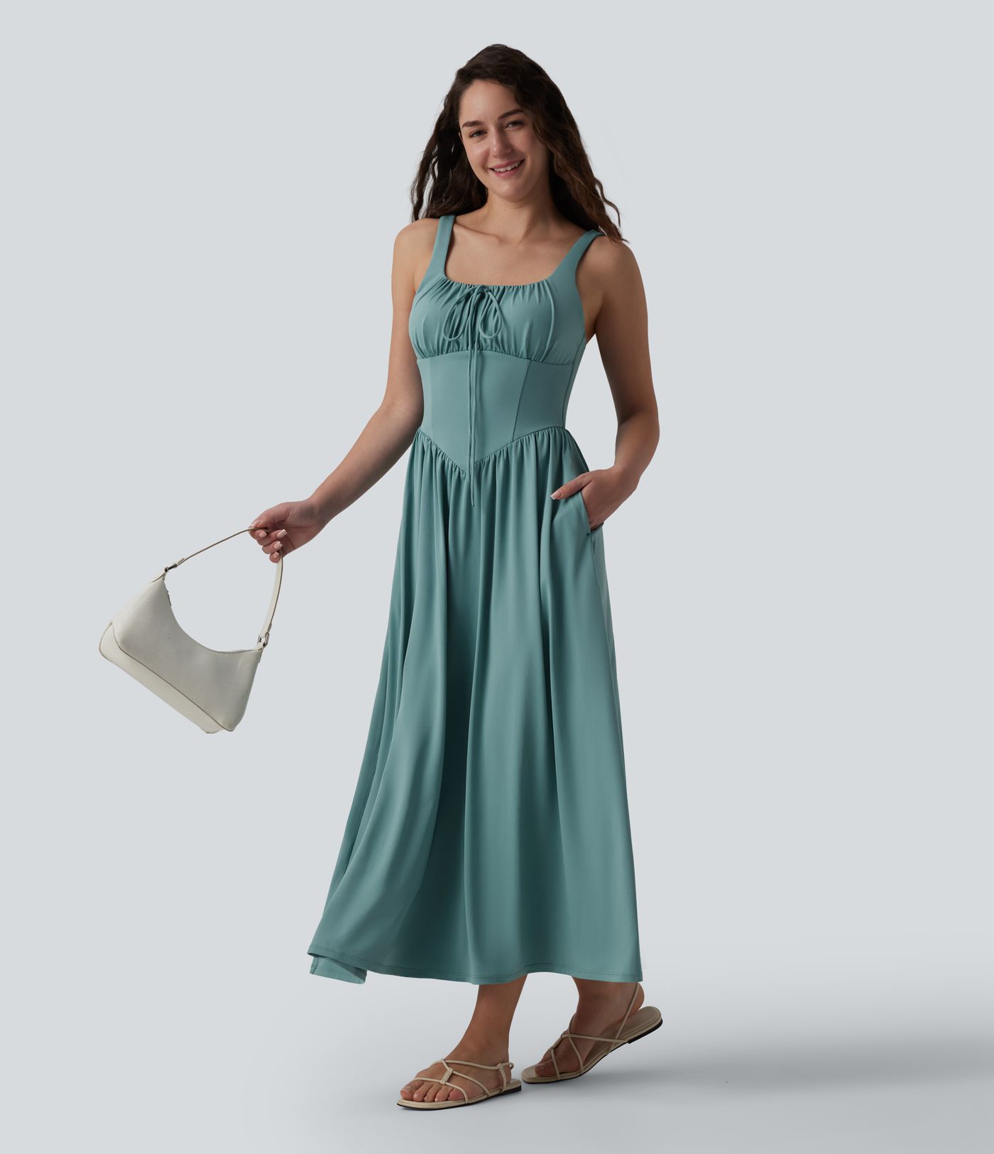 Square Neck Tie Front Corset Flowy Midi Casual Dress with Pockets