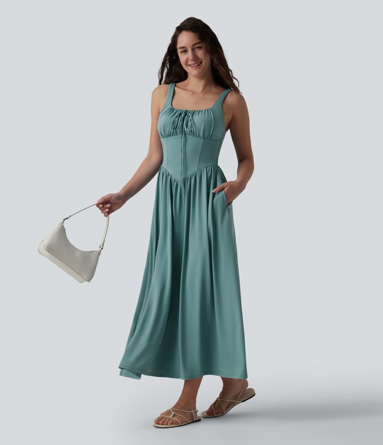Square Neck Tie Front Corset Flowy Midi Casual Dress with Pockets