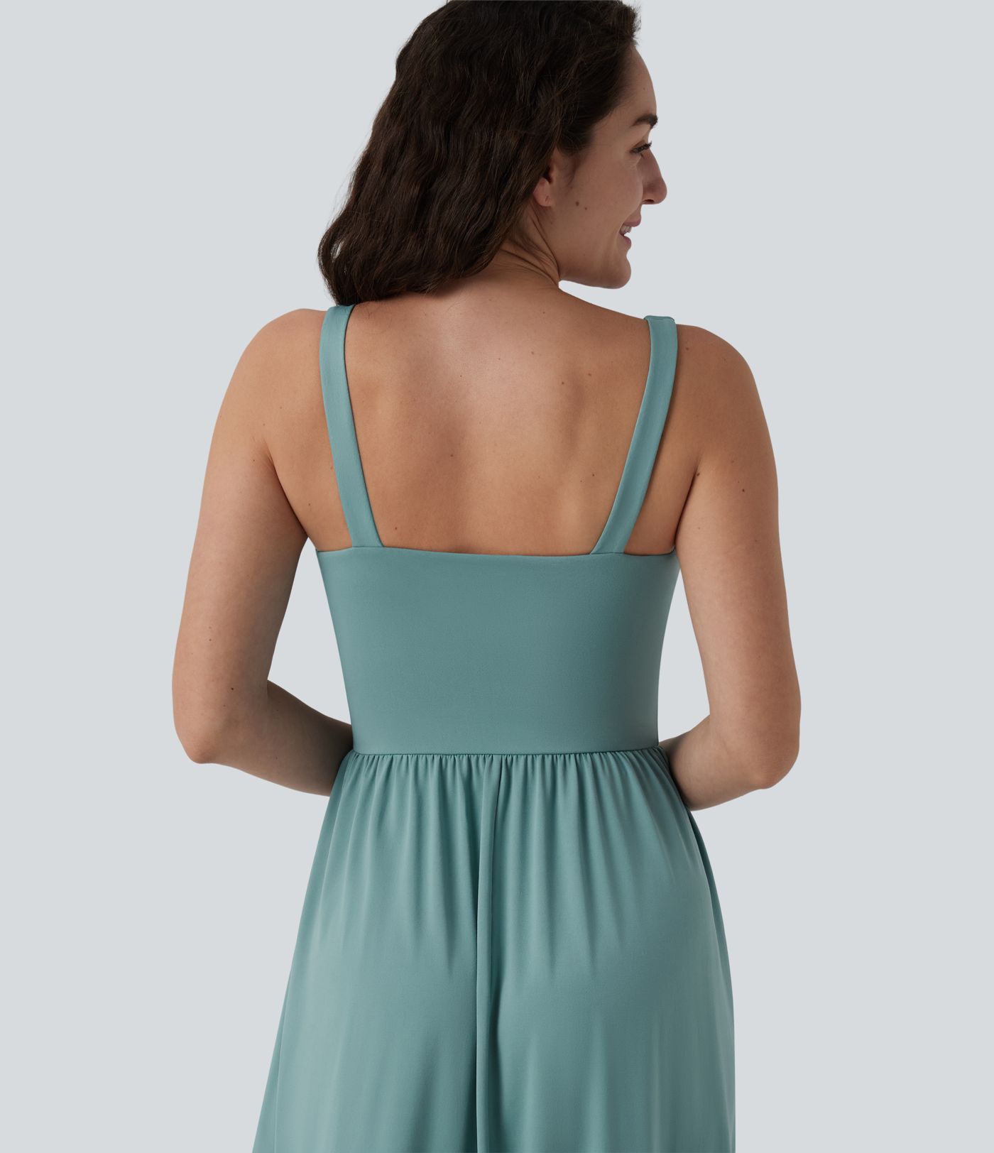 Square Neck Tie Front Corset Flowy Midi Casual Dress with Pockets