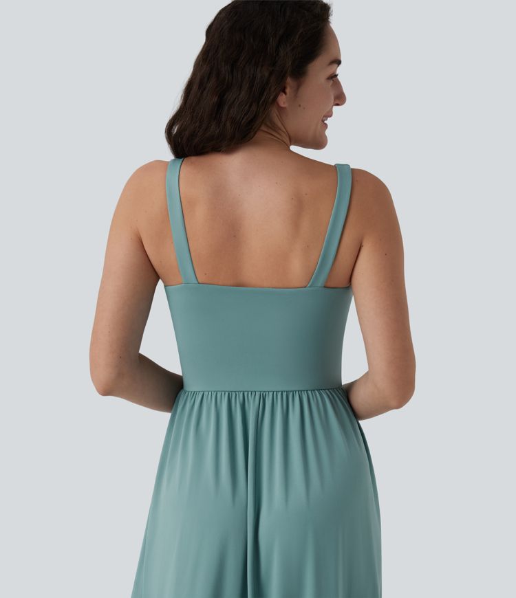 Square Neck Tie Front Corset Flowy Midi Casual Dress with Pockets