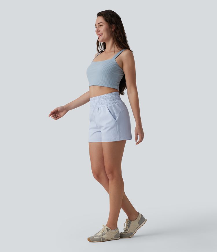 High Waisted Quick Dry Crinkle Casual Baggy Shorts with Pockets