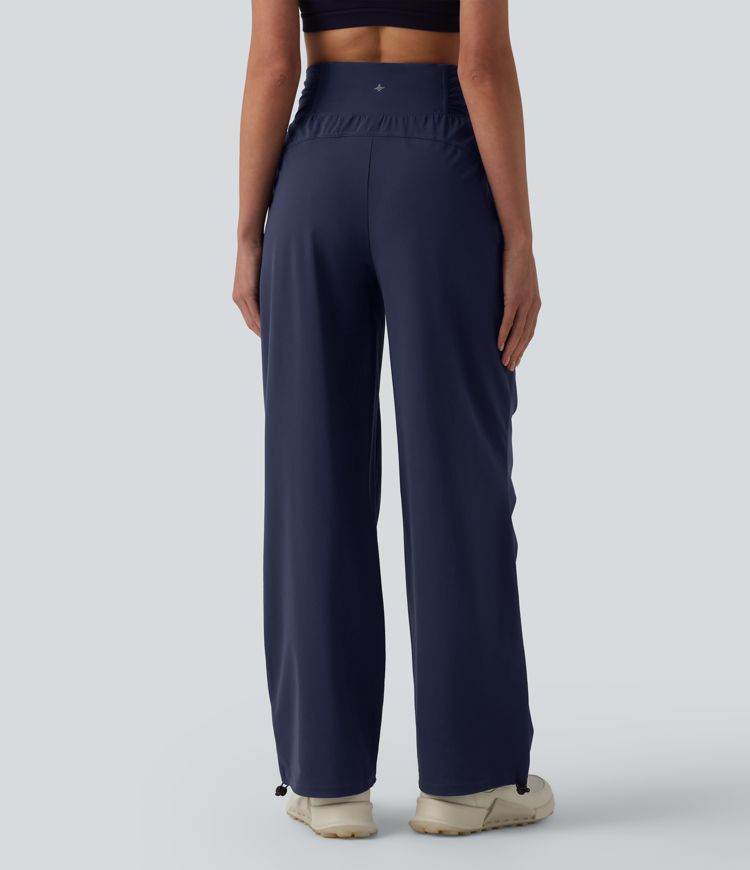 High Waisted Drawstring Ruched Quick Dry Running Straight Leg Pants with Pockets