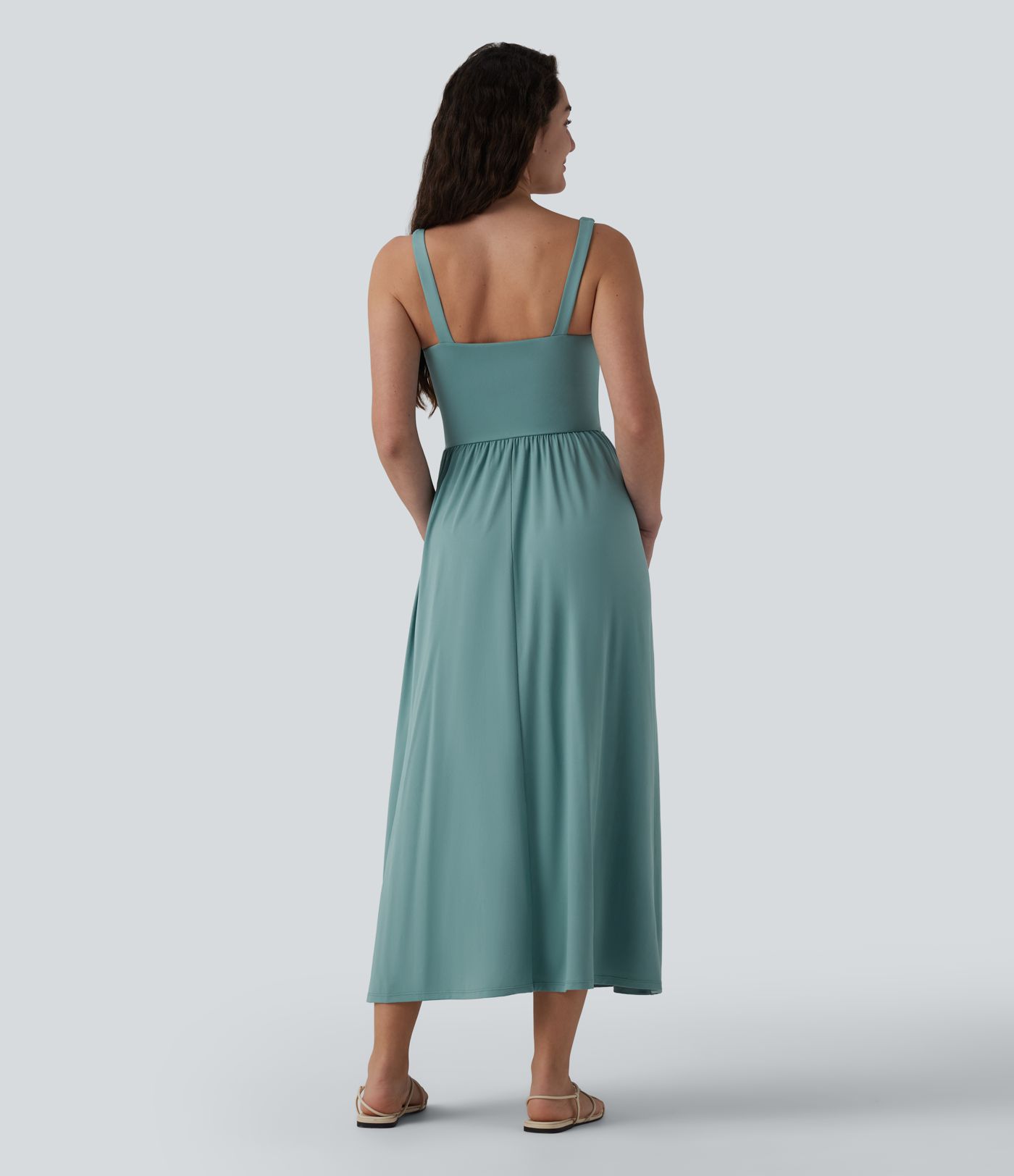 Square Neck Tie Front Corset Flowy Midi Casual Dress with Pockets