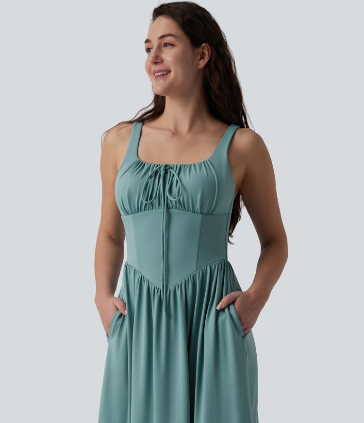 Square Neck Tie Front Corset Flowy Midi Casual Dress with Pockets