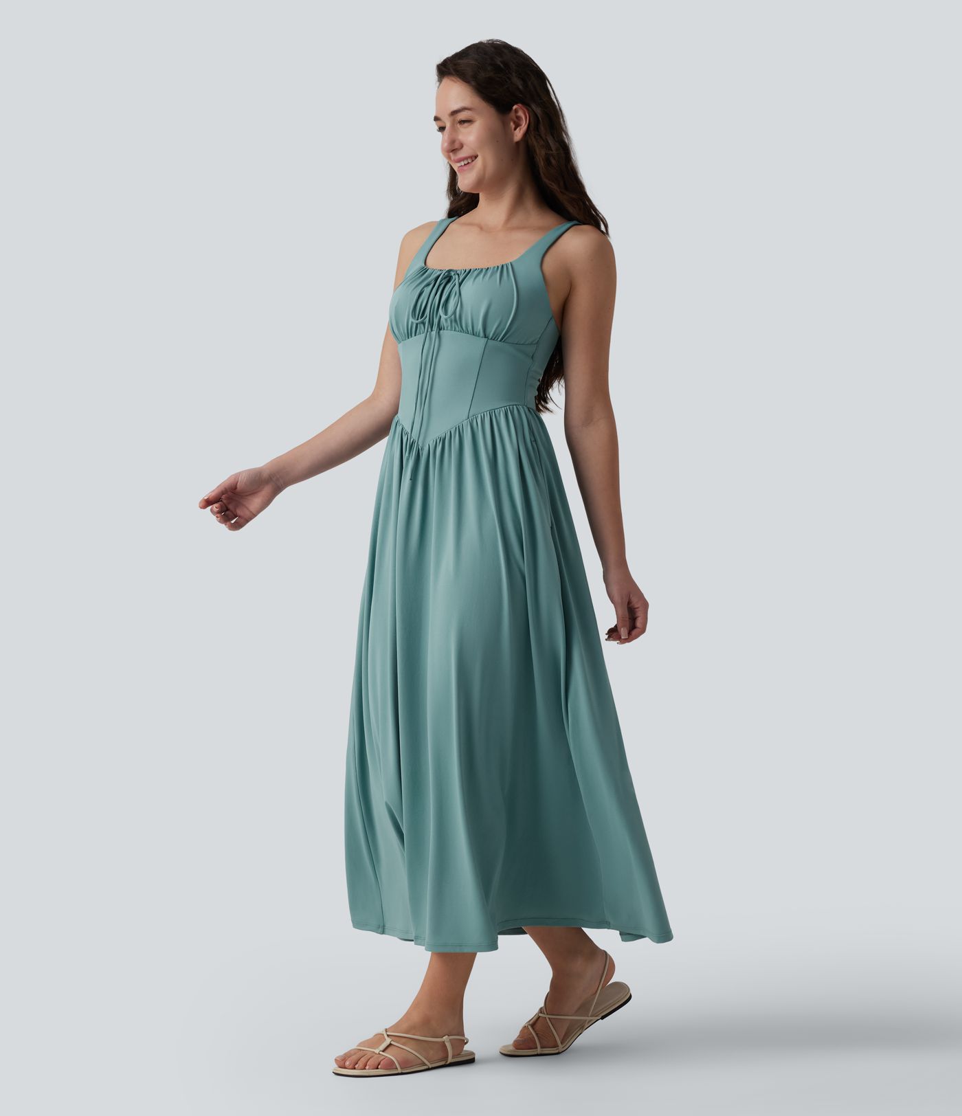 Square Neck Tie Front Corset Flowy Midi Casual Dress with Pockets