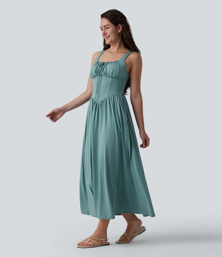 Square Neck Tie Front Corset Flowy Midi Casual Dress with Pockets