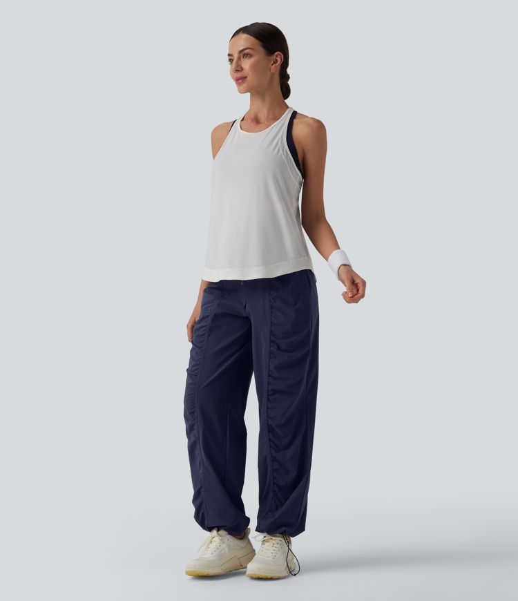 High Waisted Drawstring Ruched Quick Dry Running Straight Leg Pants with Pockets