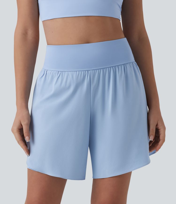 SoftlyZero™ QuickDry High Waisted Tummy Control Reflective Dots Crossover Hem 2-in-1 Running Shorts 7'' with Pockets