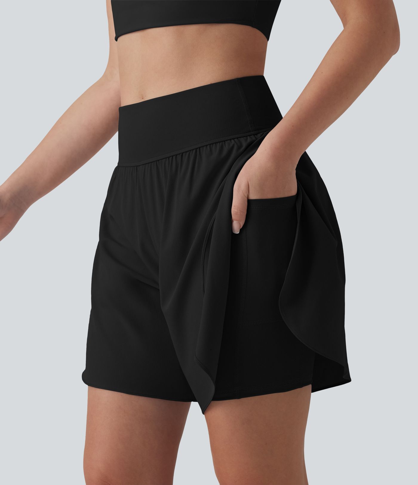 SoftlyZero™ QuickDry High Waisted Tummy Control Reflective Dots Crossover Hem 2-in-1 Running Shorts 7'' with Pockets
