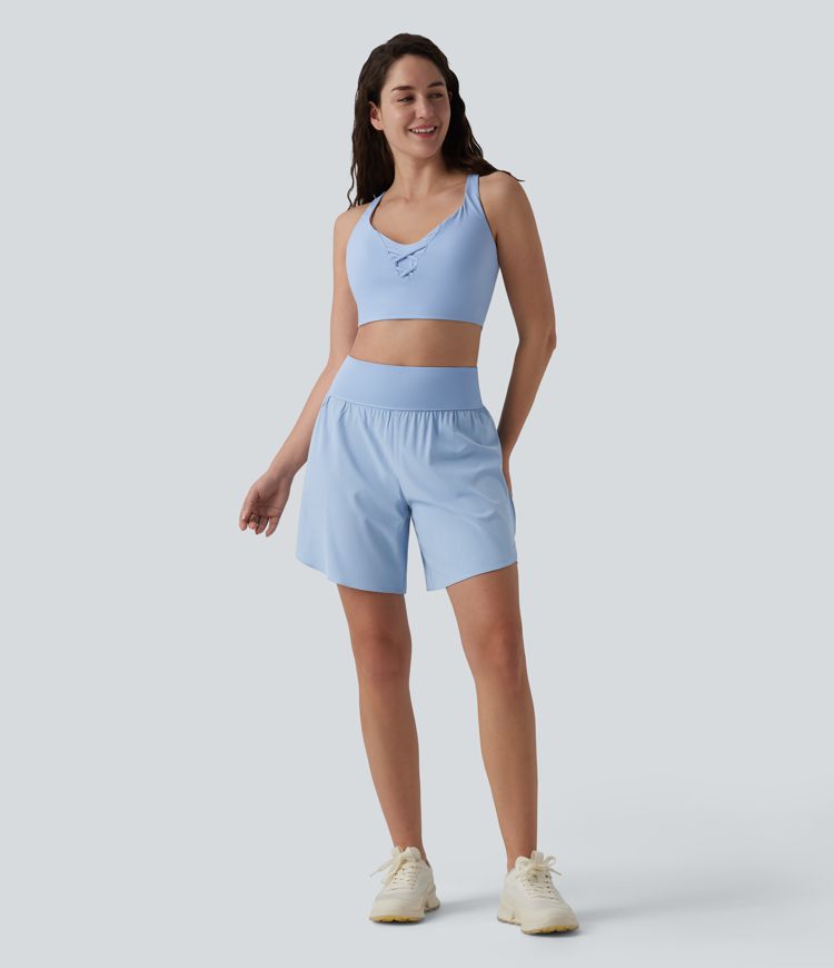 SoftlyZero™ QuickDry High Waisted Tummy Control Reflective Dots Crossover Hem 2-in-1 Running Shorts 7'' with Pockets