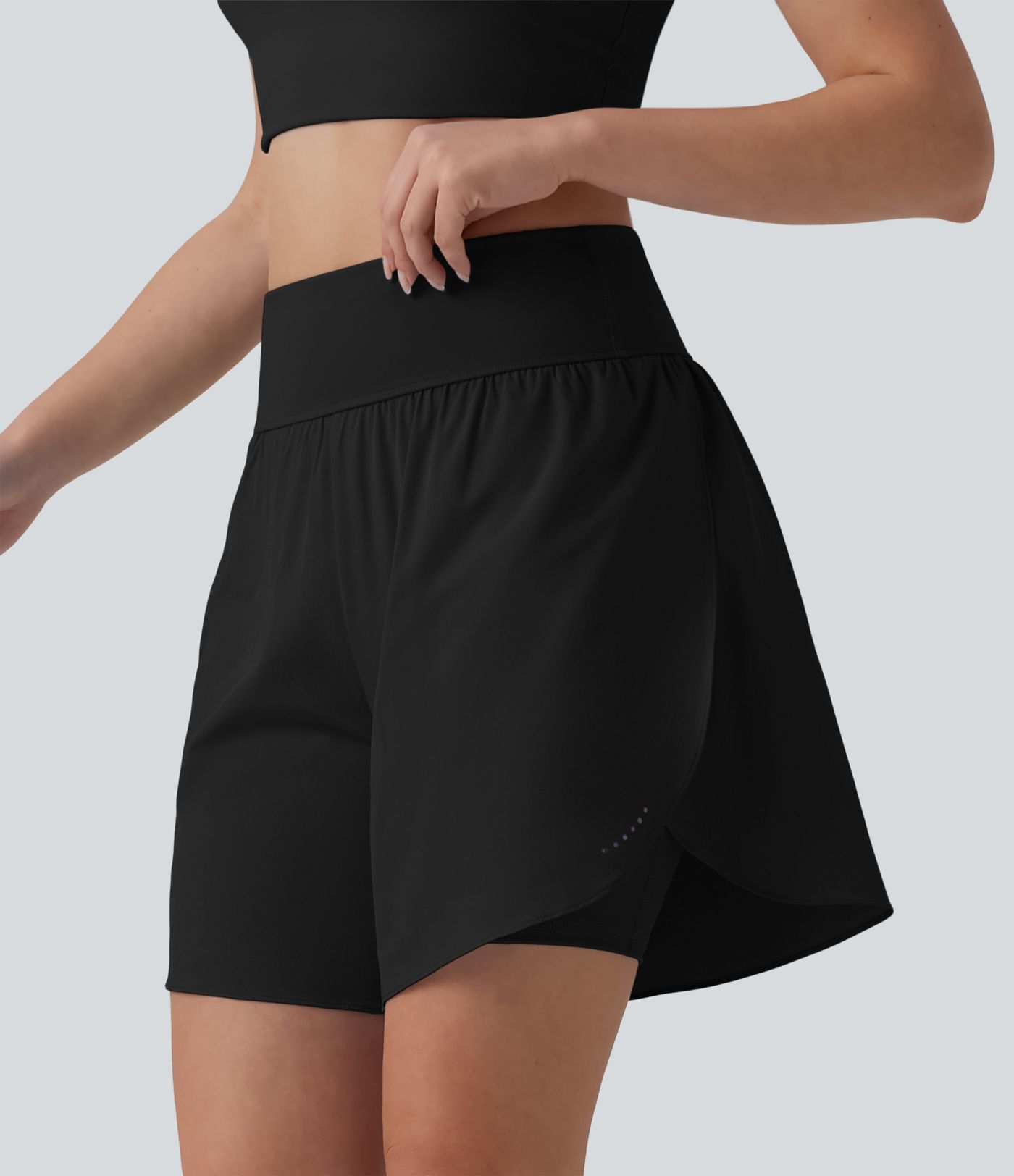 SoftlyZero™ QuickDry High Waisted Tummy Control Reflective Dots Crossover Hem 2-in-1 Running Shorts 7'' with Pockets