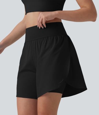 SoftlyZero™ QuickDry High Waisted Tummy Control Reflective Dots Crossover Hem 2-in-1 Running Shorts 7'' with Pockets