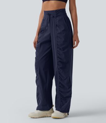 High Waisted Drawstring Ruched Quick Dry Running Straight Leg Pants with Pockets
