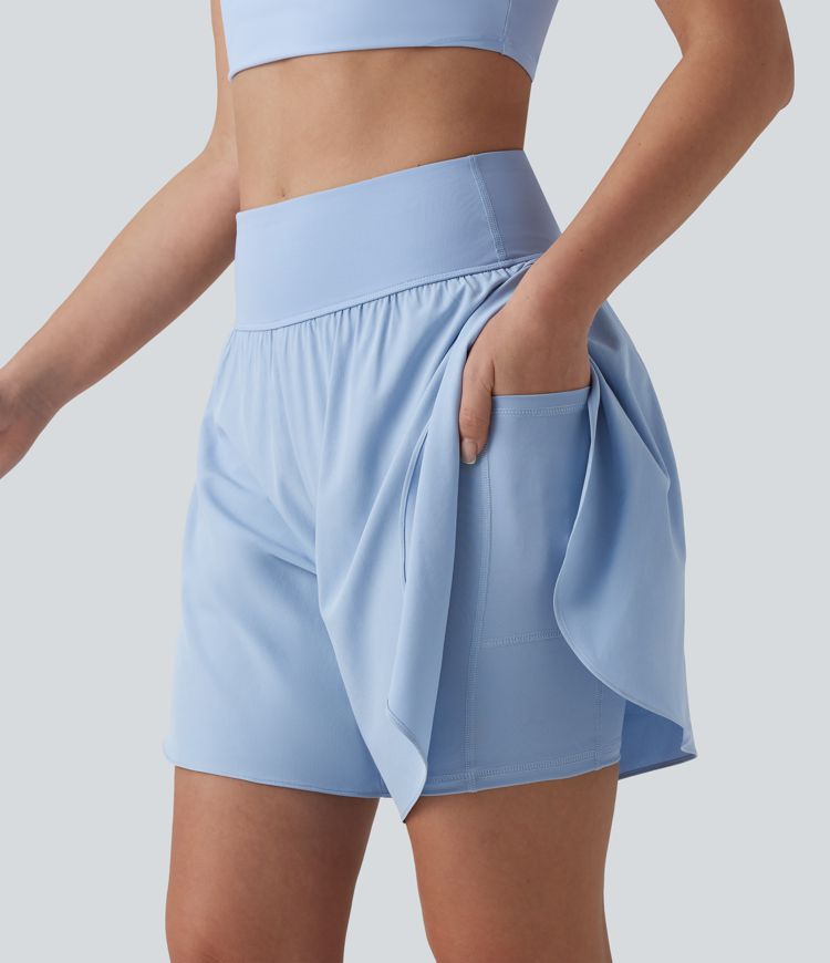 SoftlyZero™ QuickDry High Waisted Tummy Control Reflective Dots Crossover Hem 2-in-1 Running Shorts 7'' with Pockets