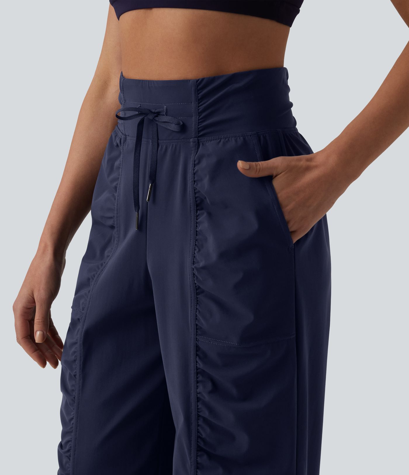 High Waisted Drawstring Ruched Quick Dry Running Straight Leg Pants with Pockets