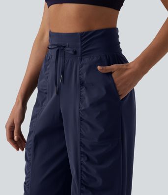 High Waisted Drawstring Ruched Quick Dry Running Straight Leg Pants with Pockets