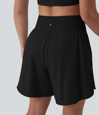 SoftlyZero™ QuickDry High Waisted Tummy Control Reflective Dots Crossover Hem 2-in-1 Running Shorts 7'' with Pockets