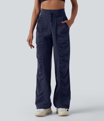 High Waisted Drawstring Ruched Quick Dry Running Straight Leg Baggy Pants with Pockets High Waisted Drawstring Ruched Quick Dry Running Straight Leg Baggy Pants with Pockets