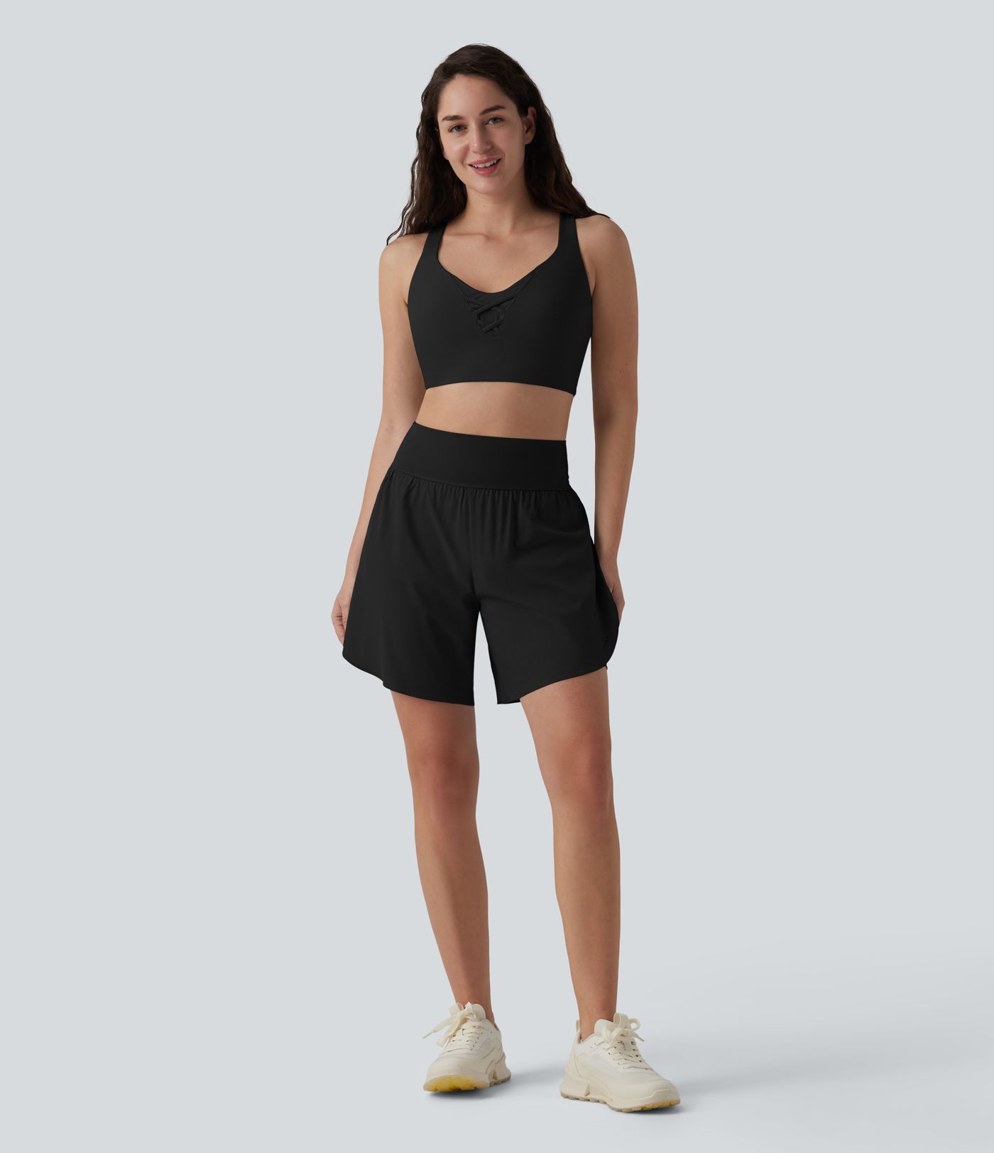 SoftlyZero™ QuickDry High Waisted Tummy Control Reflective Dots Crossover Hem 2-in-1 Running Shorts 7'' with Pockets
