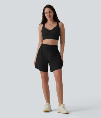 SoftlyZero™ QuickDry High Waisted Tummy Control Reflective Dots Crossover Hem 2-in-1 Running Shorts 7'' with Pockets