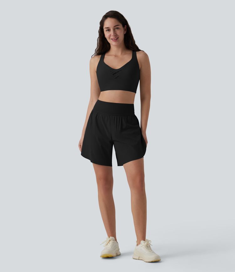 SoftlyZero™ QuickDry High Waisted Tummy Control Reflective Dots Crossover Hem 2-in-1 Running Shorts 7'' with Pockets
