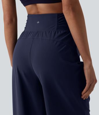 High Waisted Drawstring Ruched Quick Dry Running Straight Leg Pants with Pockets